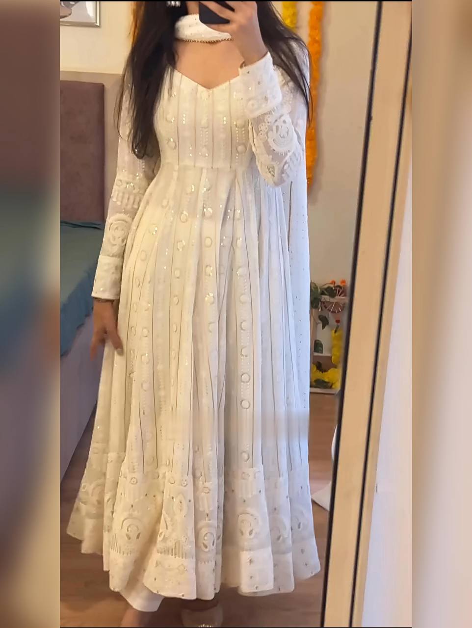 White Designer Faux Blooming Anarkali Suit with Heavy Sequins & Zari Embroidery, Pants & Dupatta