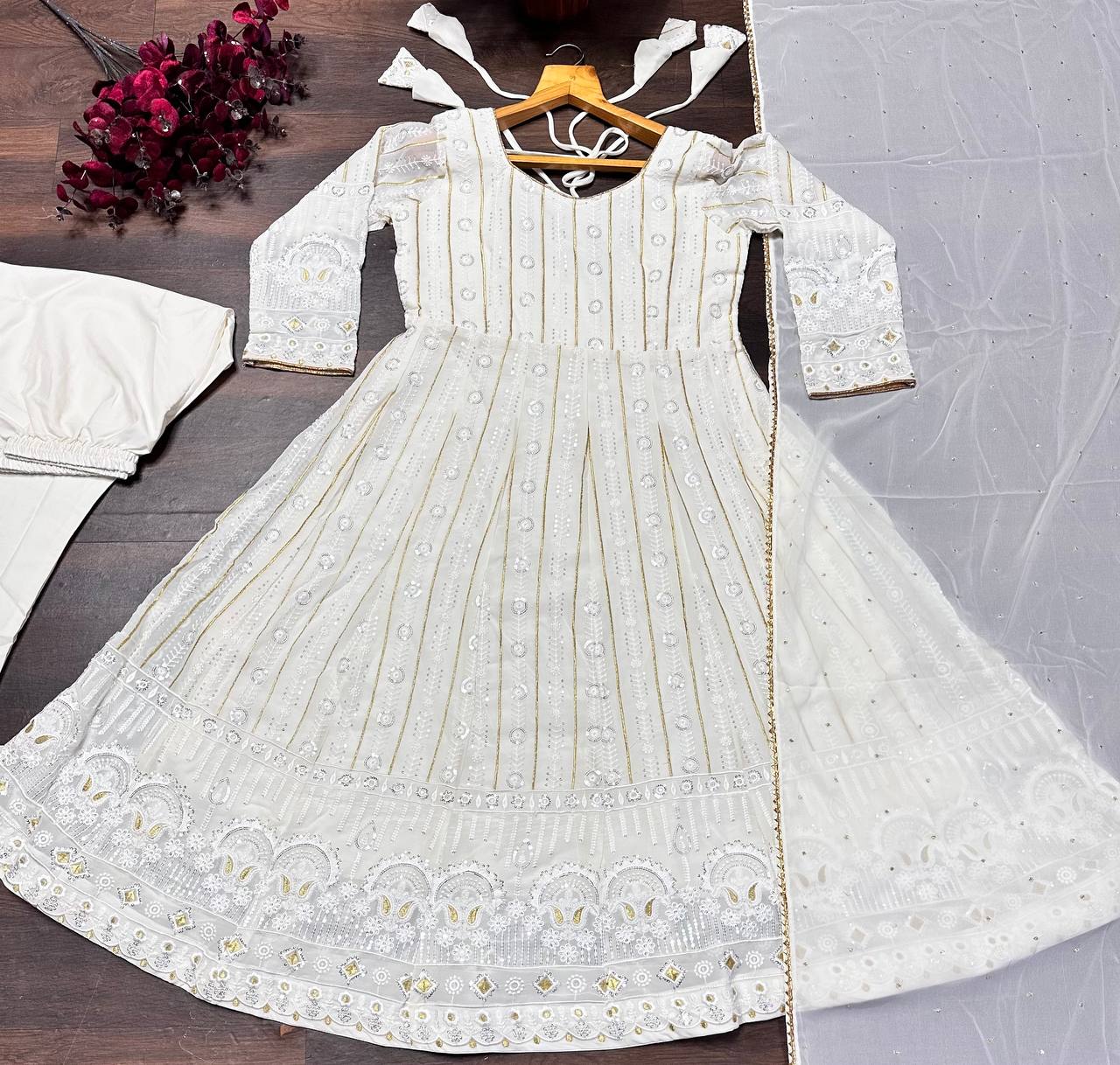 White Designer Faux Blooming Anarkali Suit with Heavy Sequins & Zari Embroidery, Pants & Dupatta