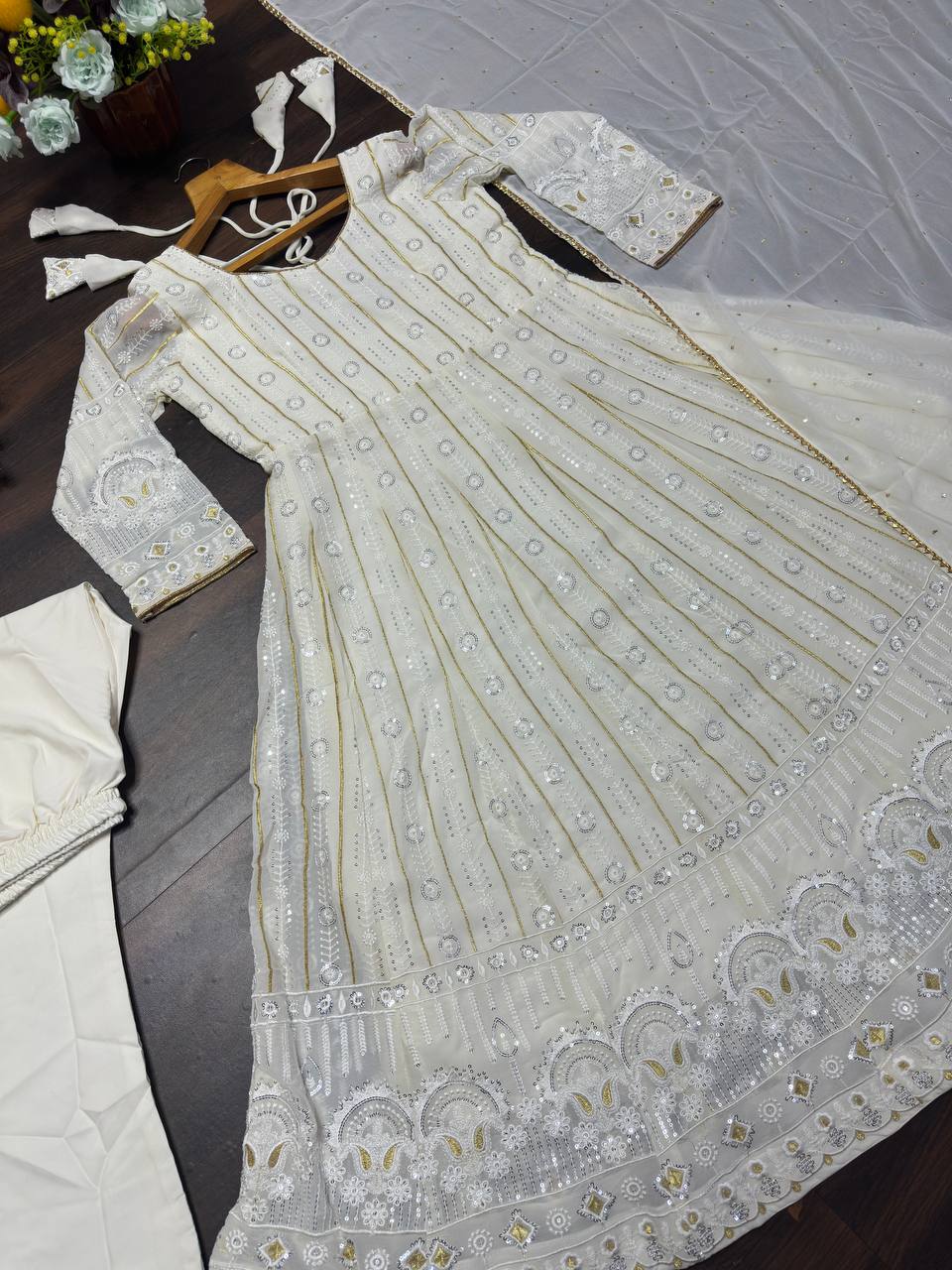 White Designer Faux Blooming Anarkali Suit with Heavy Sequins & Zari Embroidery, Pants & Dupatta