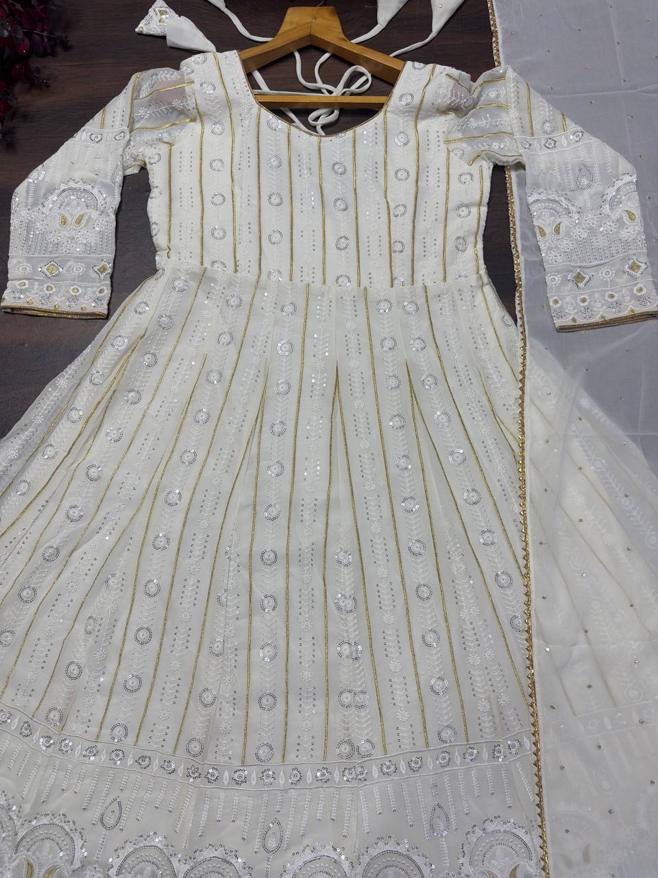 White Designer Faux Blooming Anarkali Suit with Heavy Sequins & Zari Embroidery, Pants & Dupatta