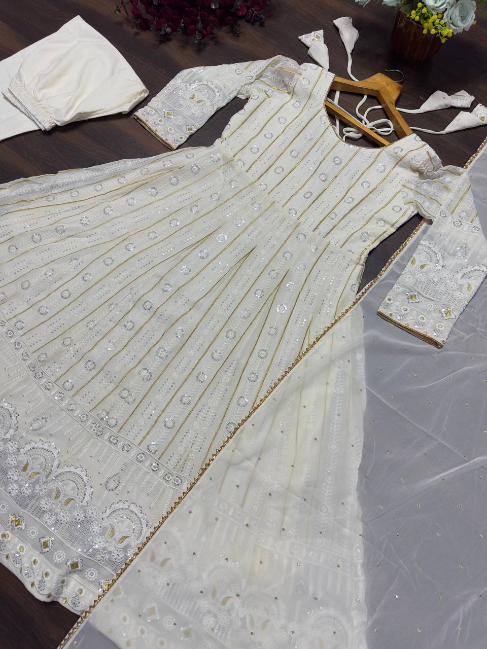 White Designer Faux Blooming Anarkali Suit with Heavy Sequins & Zari Embroidery, Pants & Dupatta