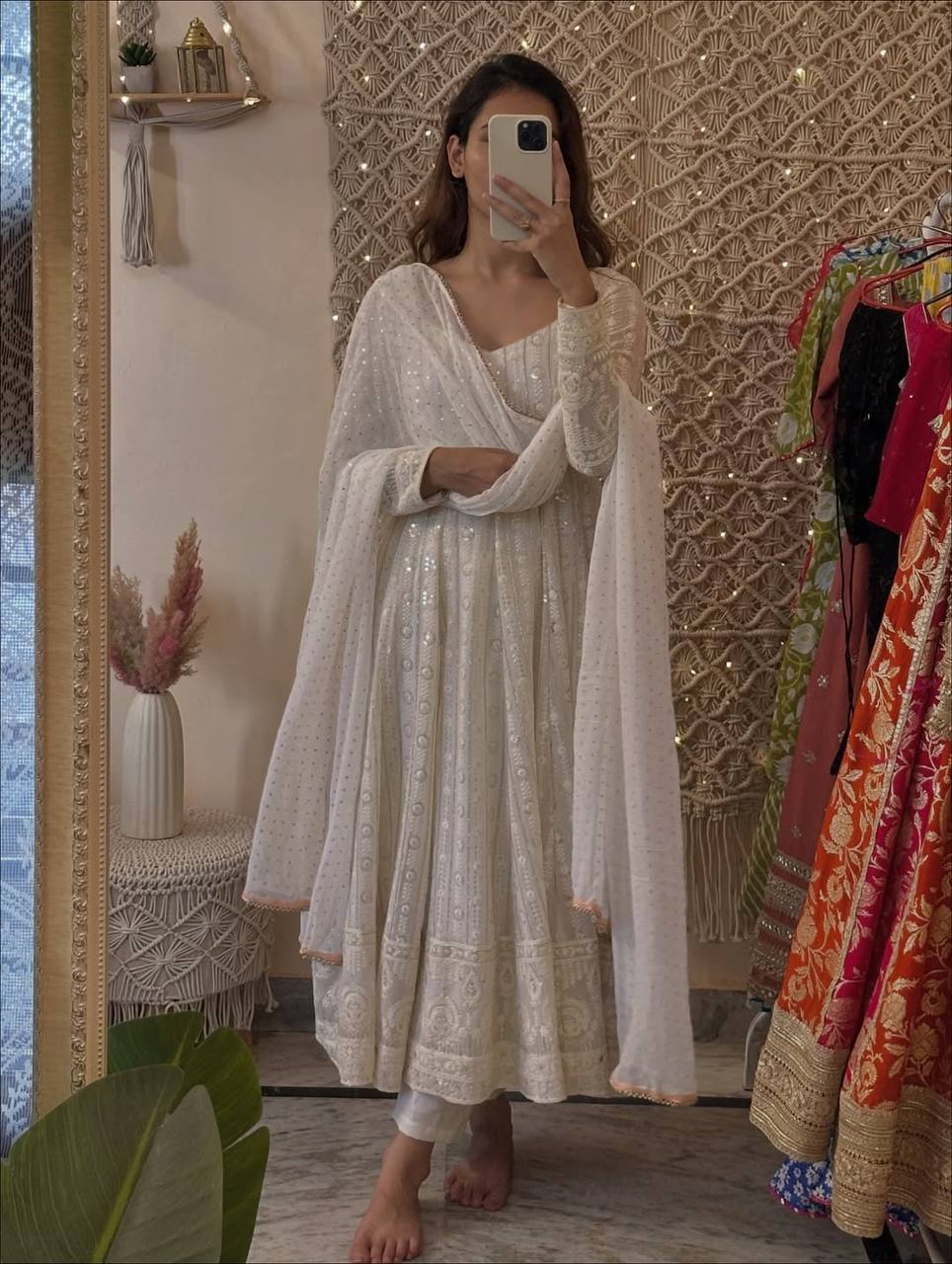 White Designer Faux Blooming Embroidered Gown Set with 3mm Sequins, Zari Work, Matching Pant & Faux Georgette Dupatta – Fully Stitched Festive & Party Wear