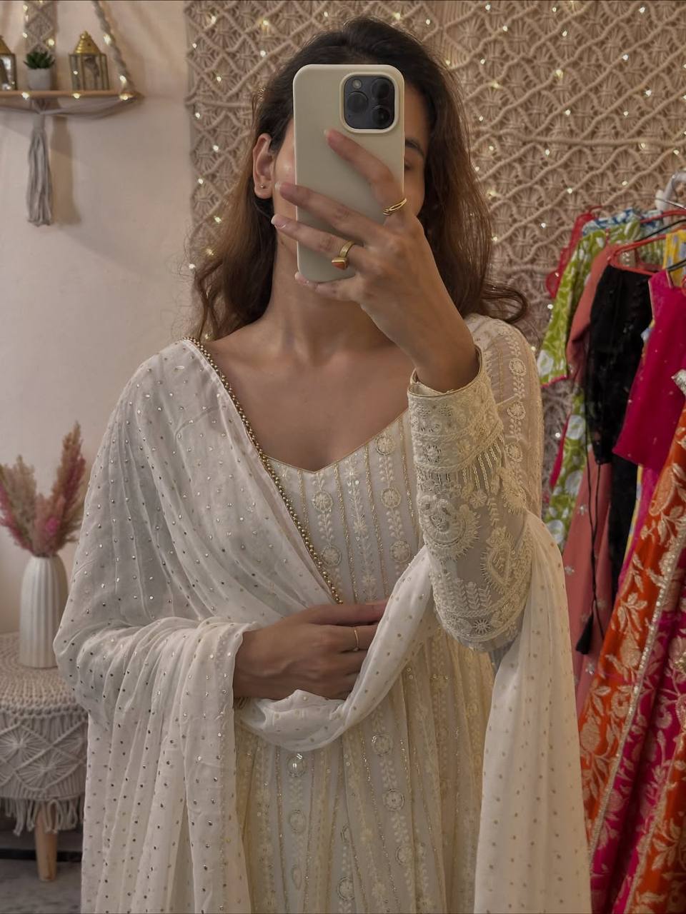 White Designer Faux Blooming Embroidered Gown Set with 3mm Sequins, Zari Work, Matching Pant & Faux Georgette Dupatta – Fully Stitched Festive & Party Wear