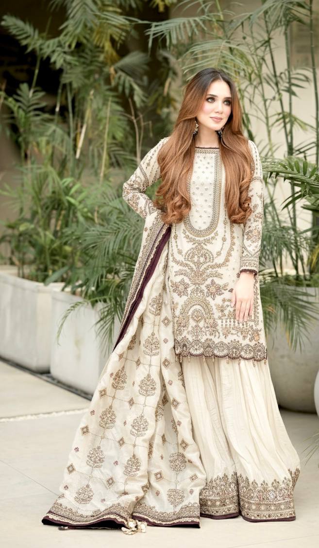 White Designer Faux Georgette Heavy Embroidered Top & Plazzo Set with 5mm Sequins & Rivet Moti Work
