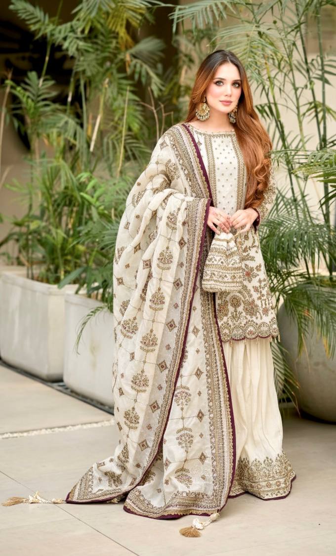 White Designer Faux Georgette Heavy Embroidered Top & Plazzo Set with 5mm Sequins & Rivet Moti Work