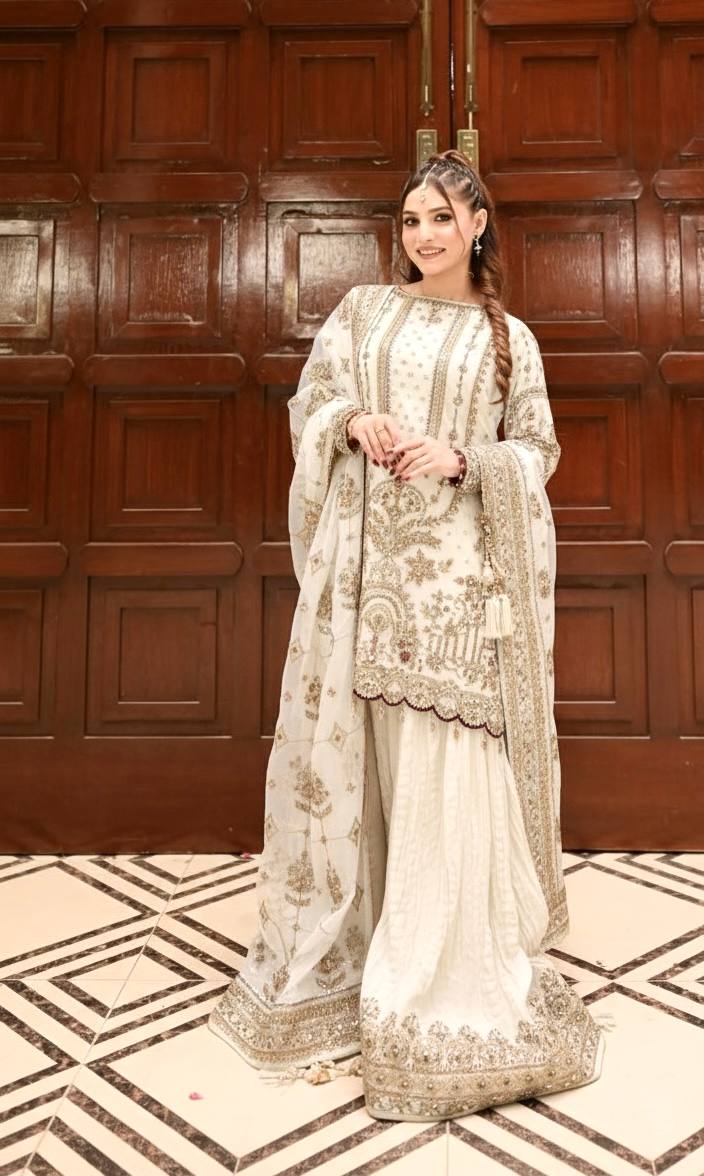 White Designer Faux Georgette Heavy Embroidered Top & Plazzo Set with 5mm Sequins & Rivet Moti Work