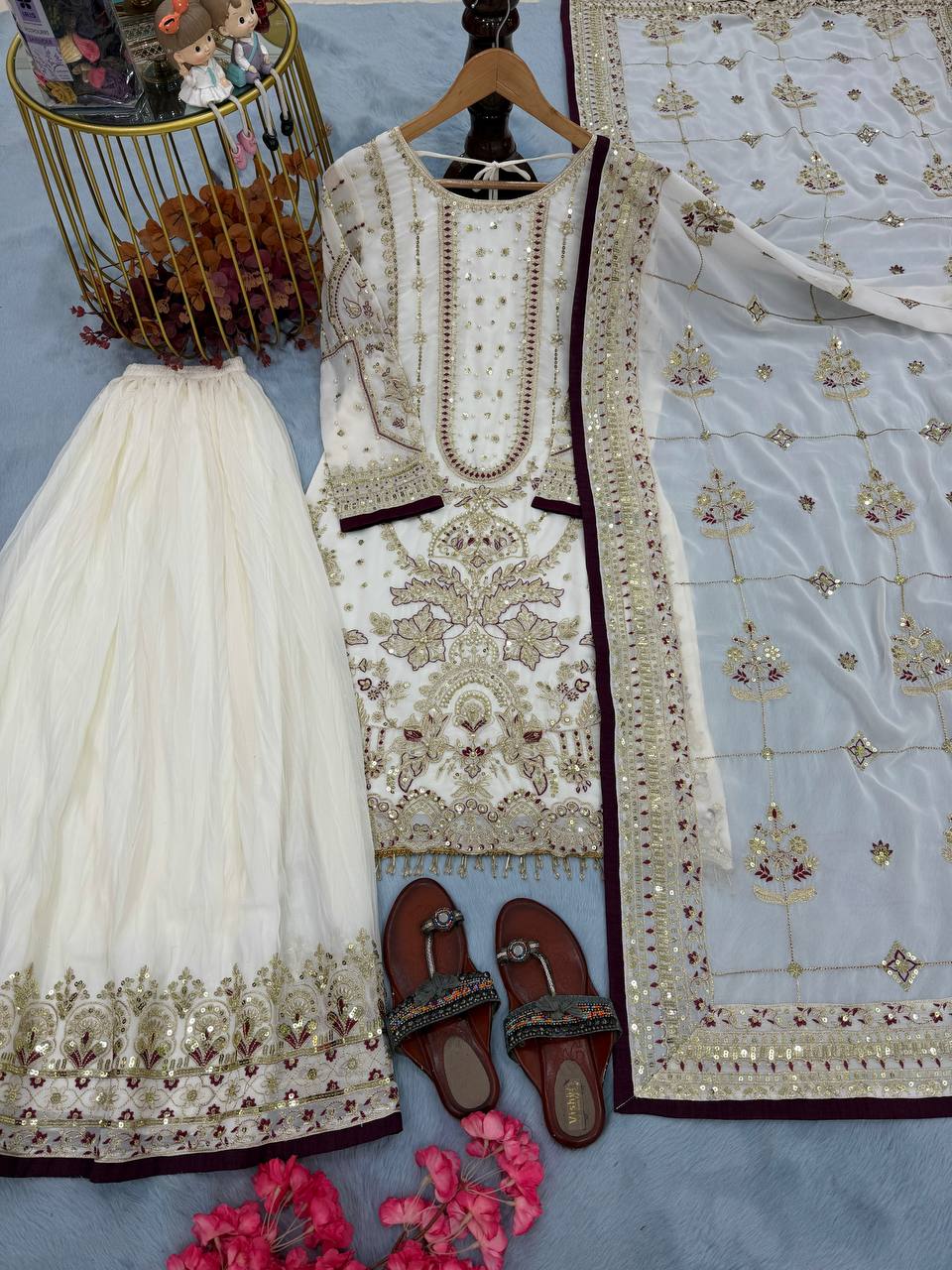 White Designer Faux Georgette Heavy Embroidered Top & Plazzo Set with 5mm Sequins & Rivet Moti Work