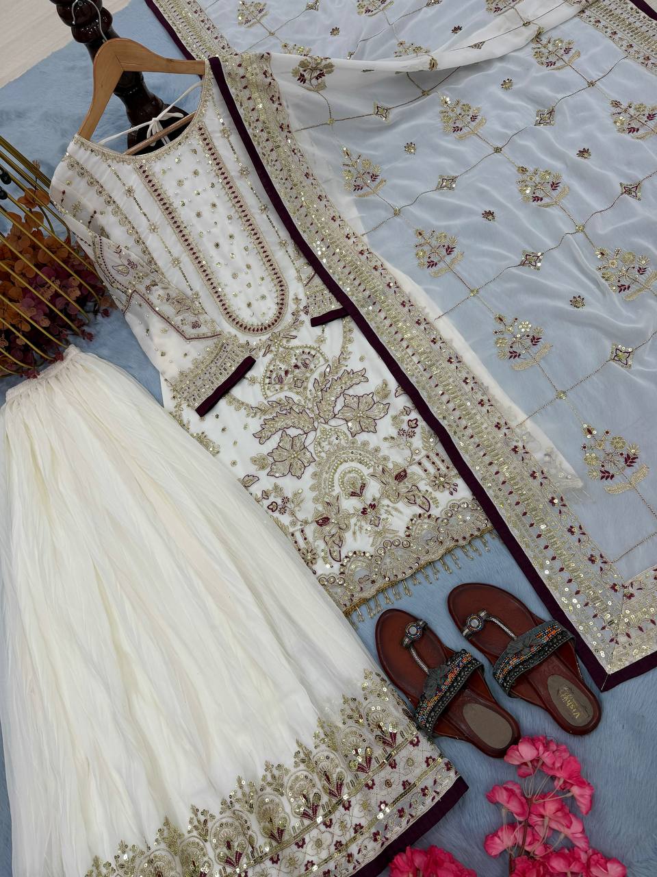 White Designer Faux Georgette Heavy Embroidered Top & Plazzo Set with 5mm Sequins & Rivet Moti Work