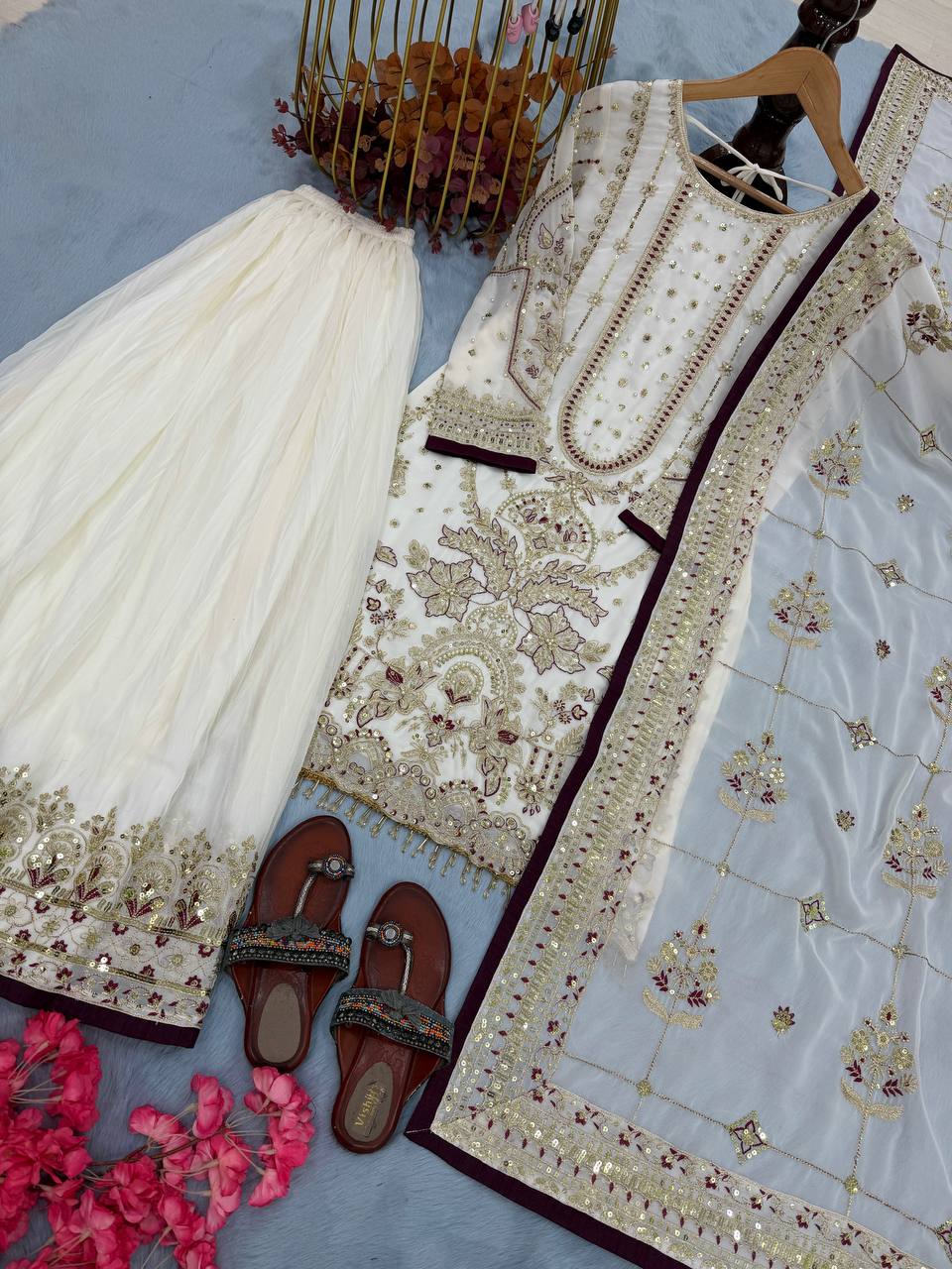 White Designer Faux Georgette Heavy Embroidered Top & Plazzo Set with 5mm Sequins & Rivet Moti Work