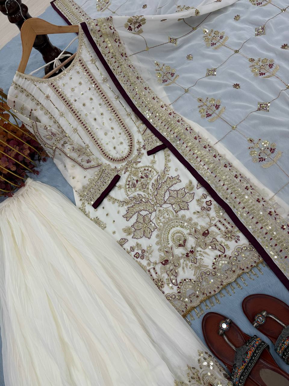 White Designer Faux Georgette Heavy Embroidered Top & Plazzo Set with 5mm Sequins & Rivet Moti Work