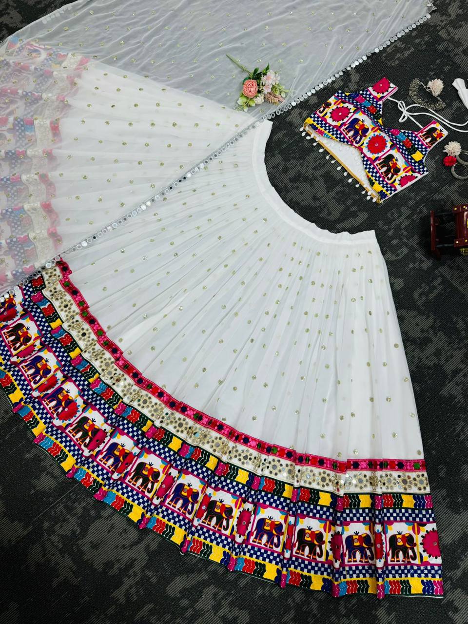 White Designer Faux Georgette Lehenga Choli Set with Real Mirror & Chain Stitch Work