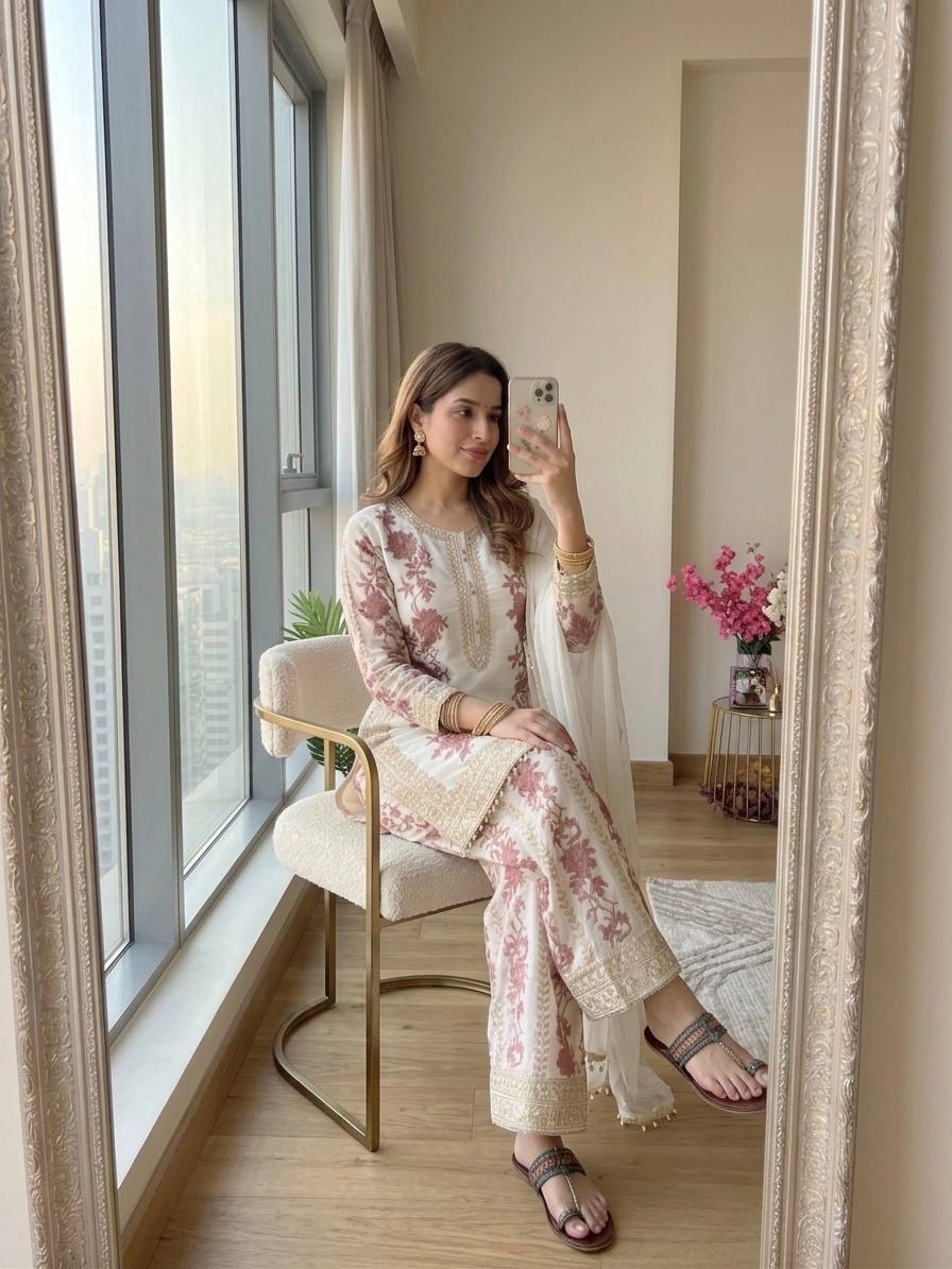White Designer Georgette Palazzo Suit