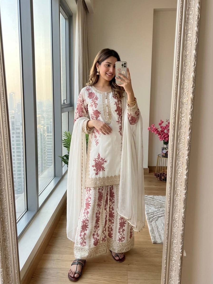 White Designer Georgette Palazzo Suit