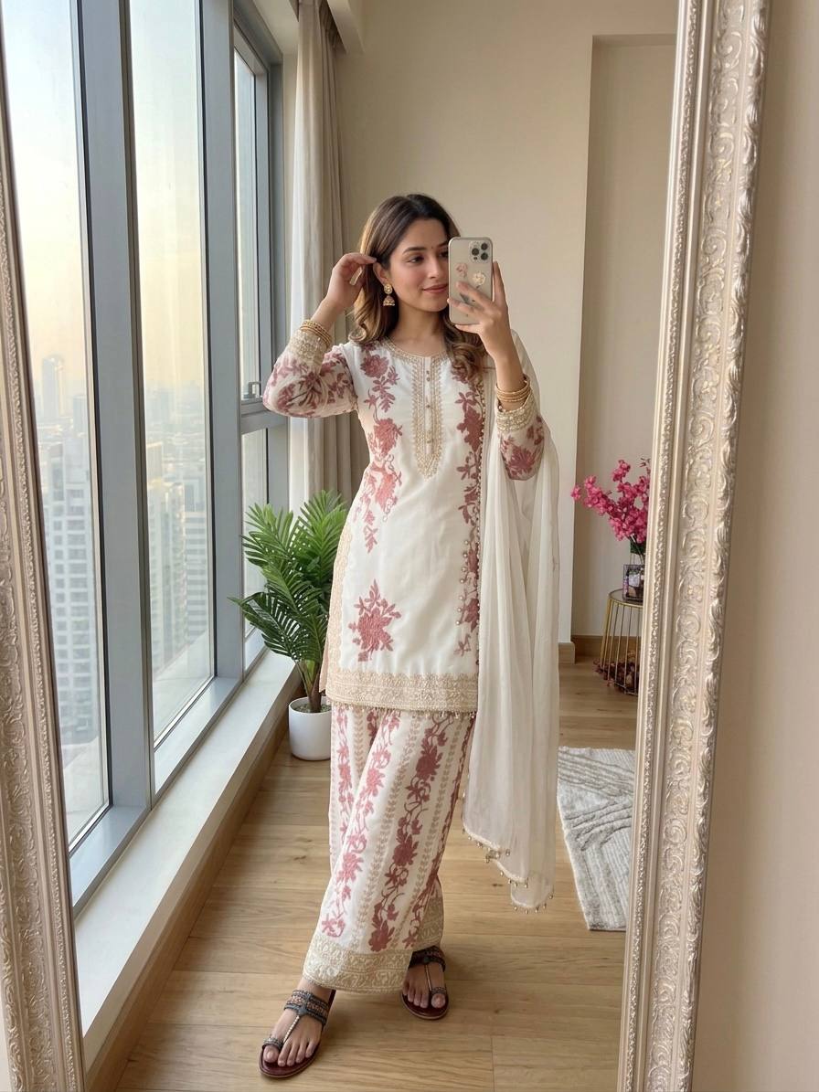 White Designer Georgette Palazzo Suit