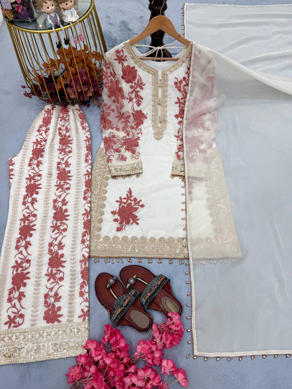 White Designer Georgette Palazzo Suit