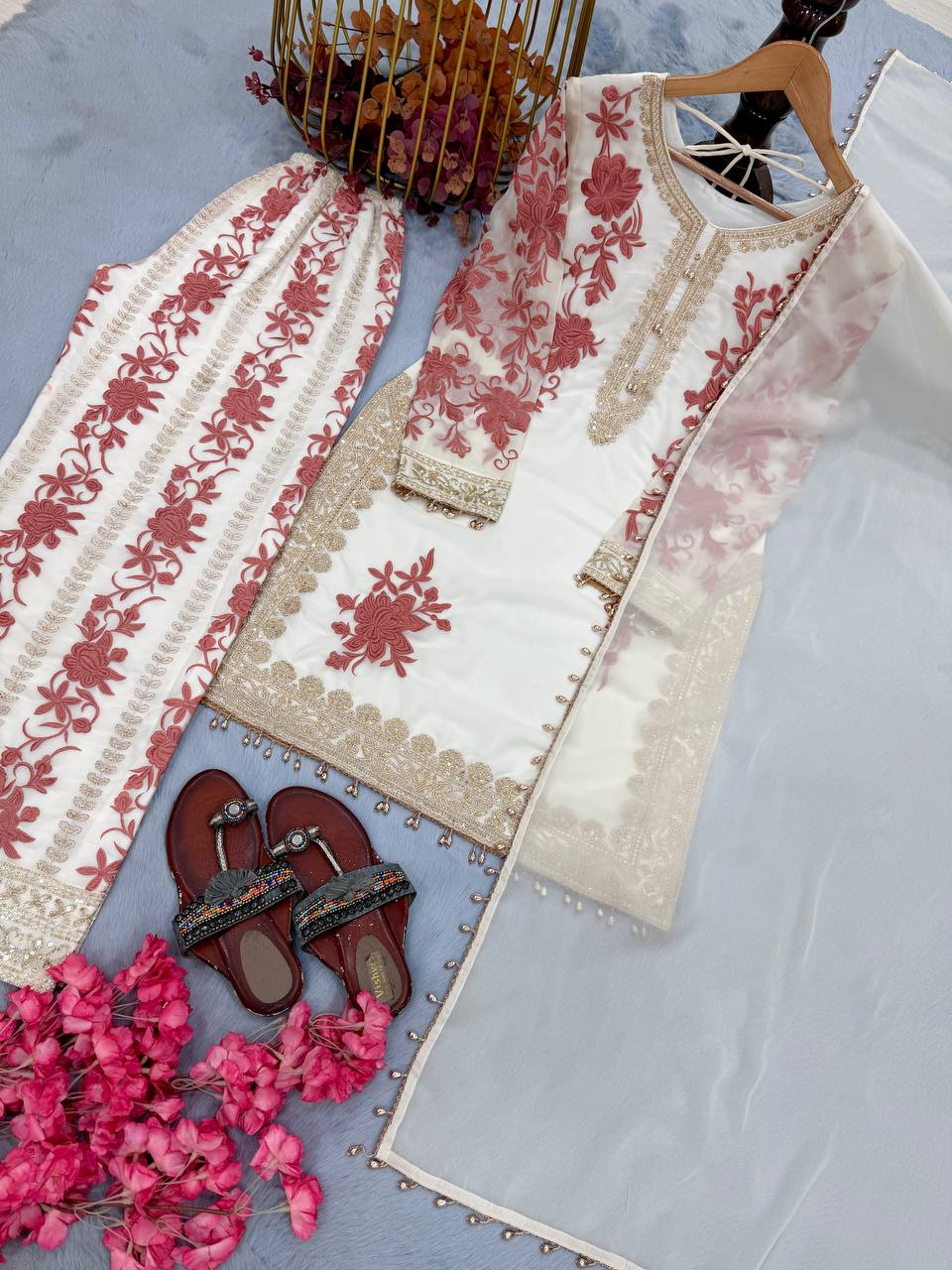 White Designer Georgette Palazzo Suit