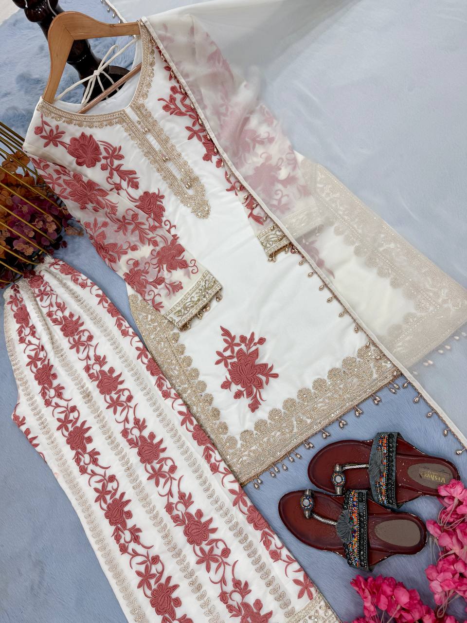 White Designer Georgette Palazzo Suit