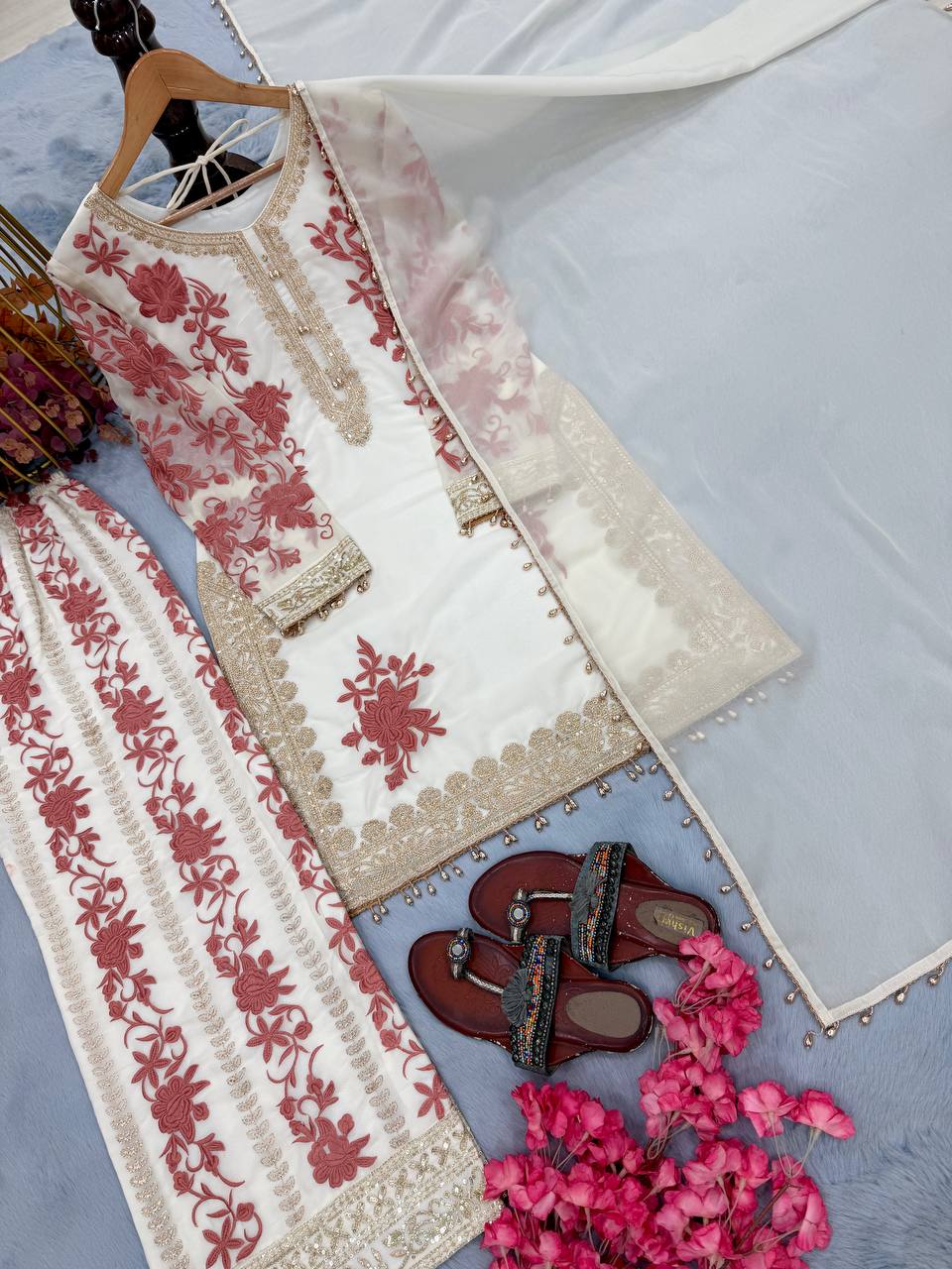 White Designer Georgette Palazzo Suit