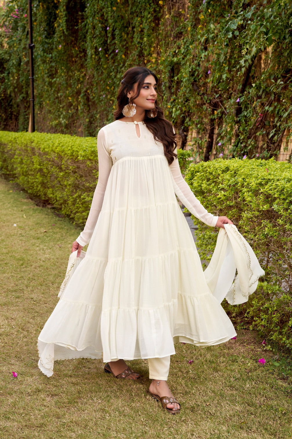 White Designer Marble Foil Work Flared Dress Set