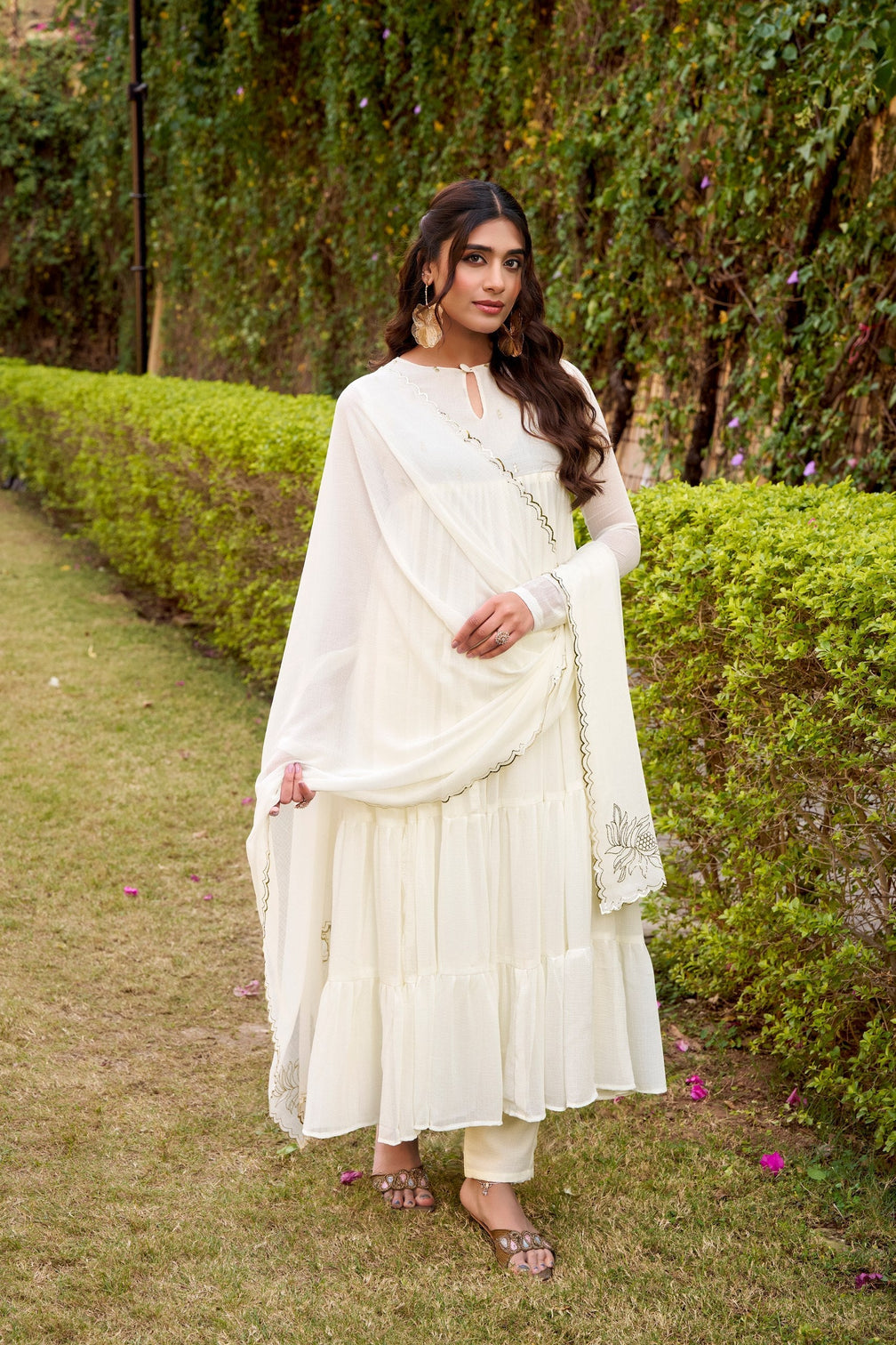 White Designer Marble Foil Work Flared Dress Set