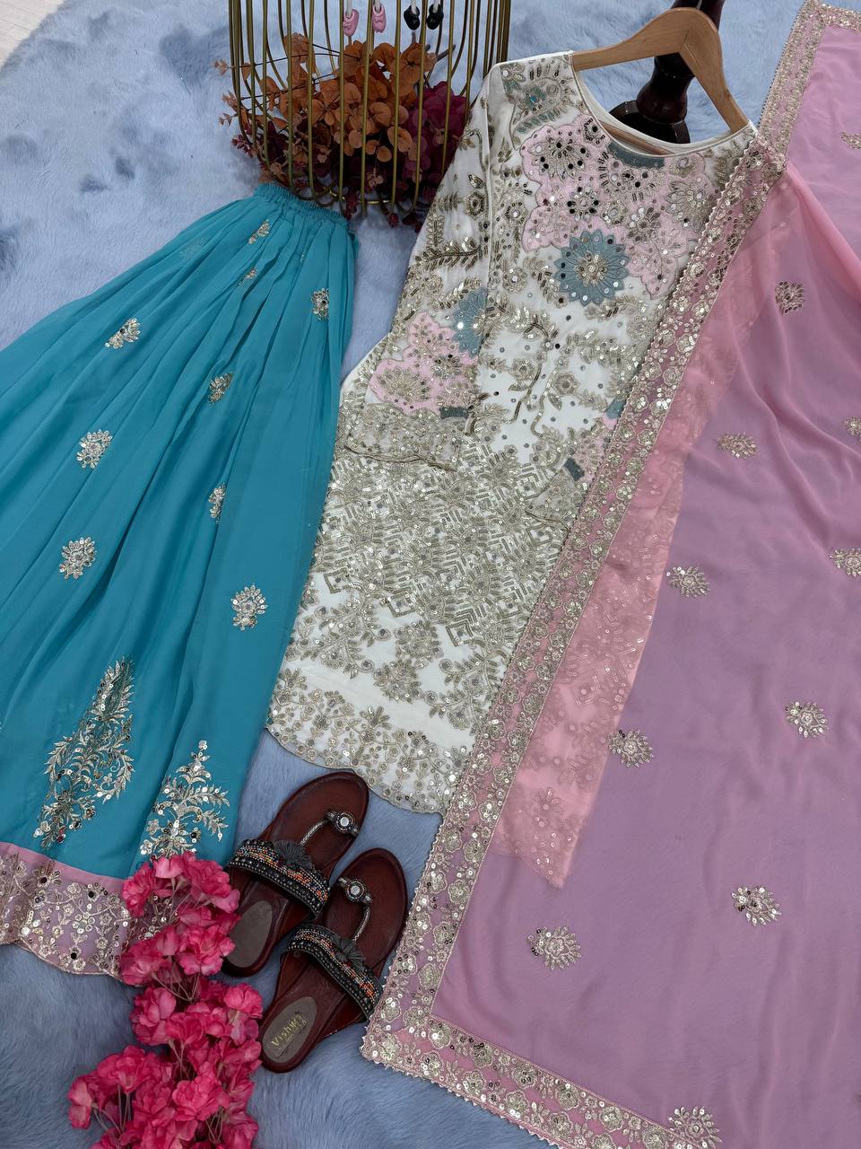 White Designer Party Wear Embroidered Set | Heavy Faux Georgette Top, Plazzo & Dupatta with Mirror Hand Work