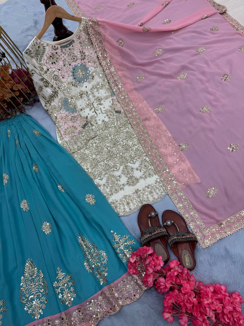 White Designer Party Wear Embroidered Set | Heavy Faux Georgette Top, Plazzo & Dupatta with Mirror Hand Work