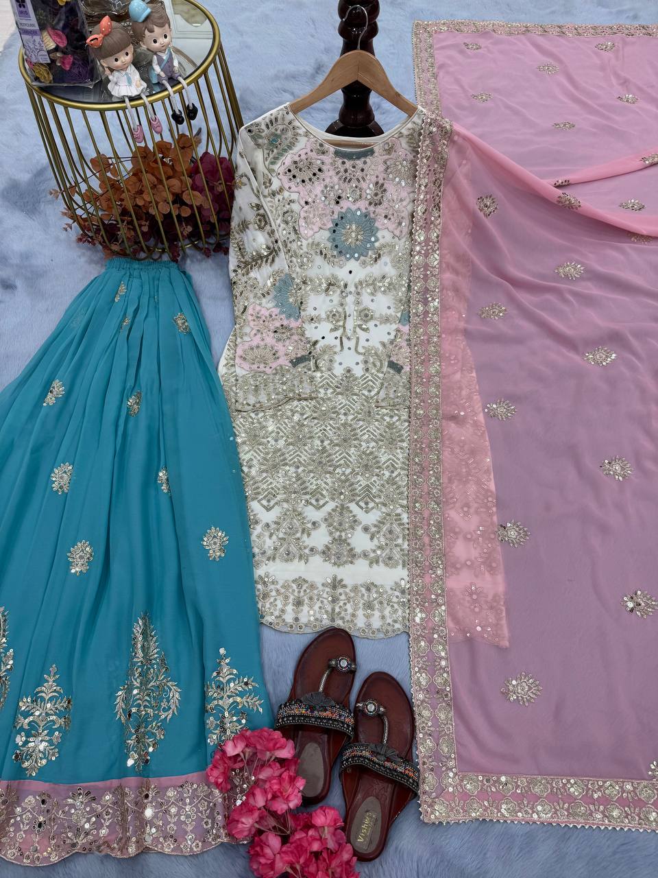White Designer Party Wear Embroidered Set | Heavy Faux Georgette Top, Plazzo & Dupatta with Mirror Hand Work