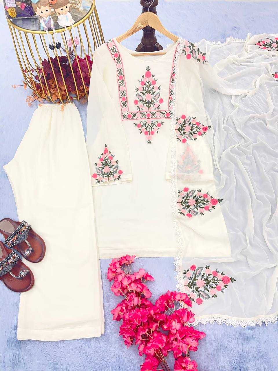 White Designer Party Wear Top-Plazzo-Dupatta Set – Elegance Redefined