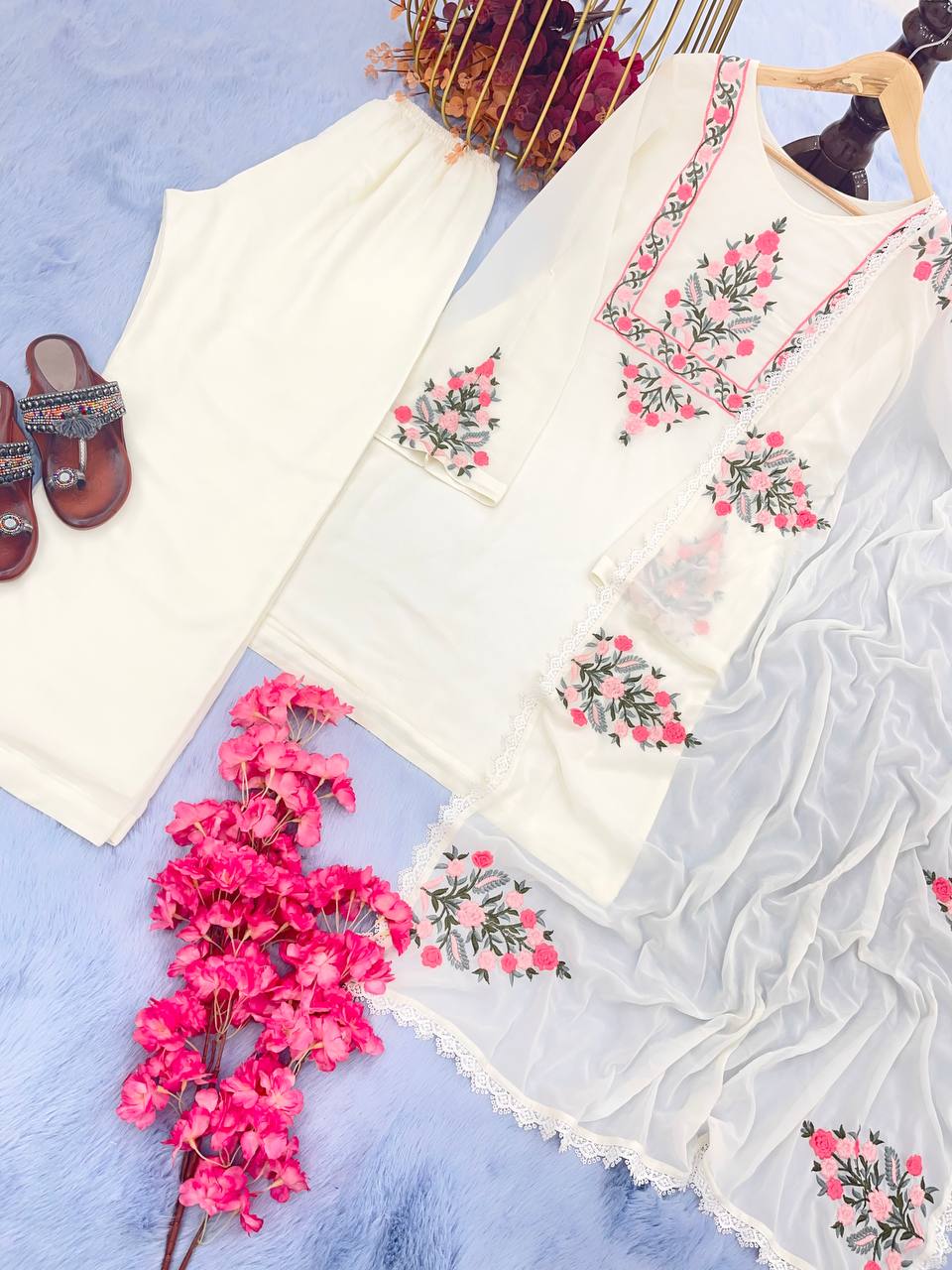 White Designer Party Wear Top-Plazzo-Dupatta Set – Elegance Redefined