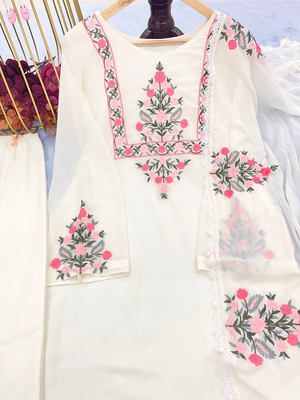 White Designer Party Wear Top-Plazzo-Dupatta Set – Elegance Redefined