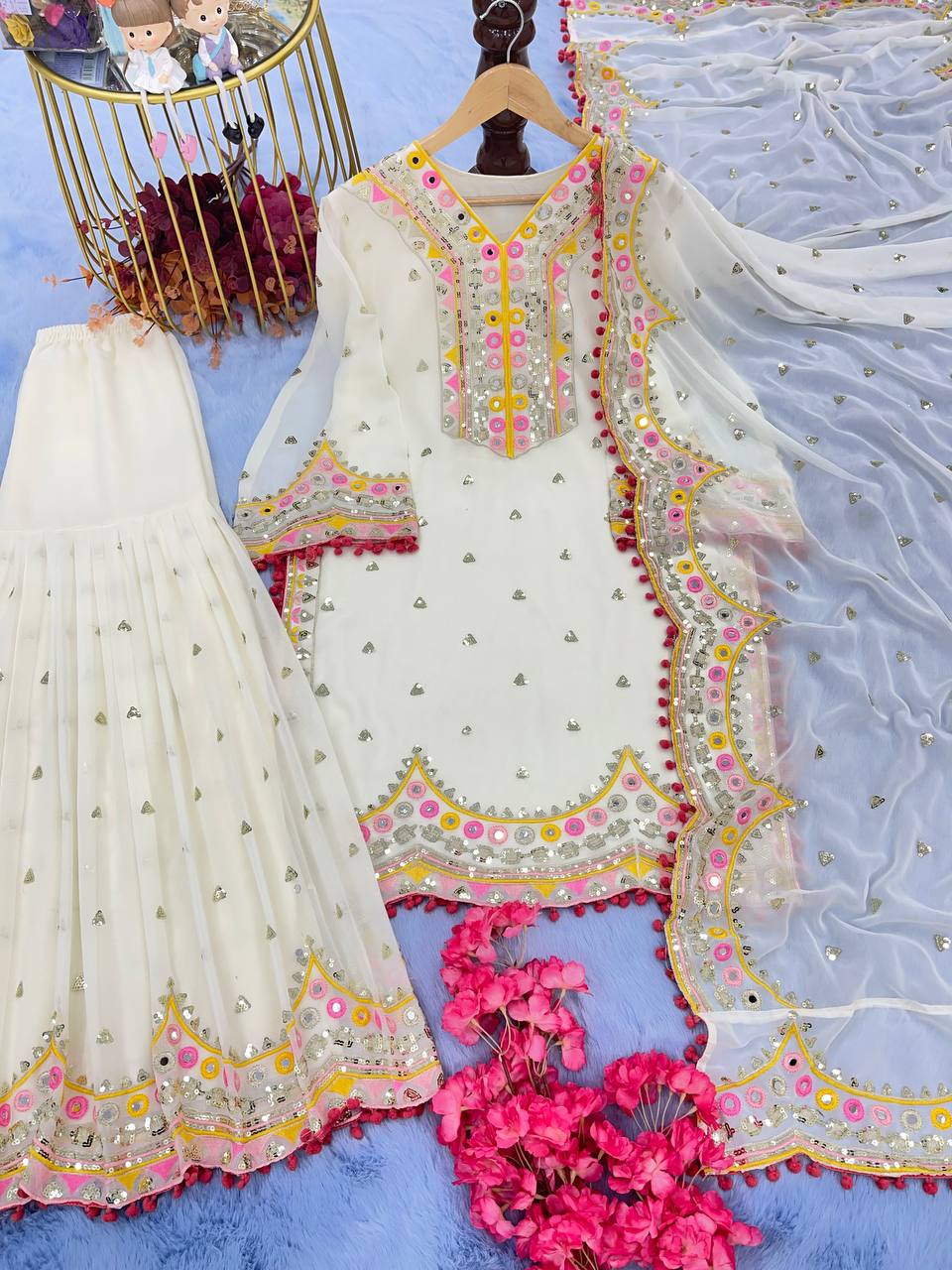 White Designer Party Wear Top, Plazzo & Dupatta Set