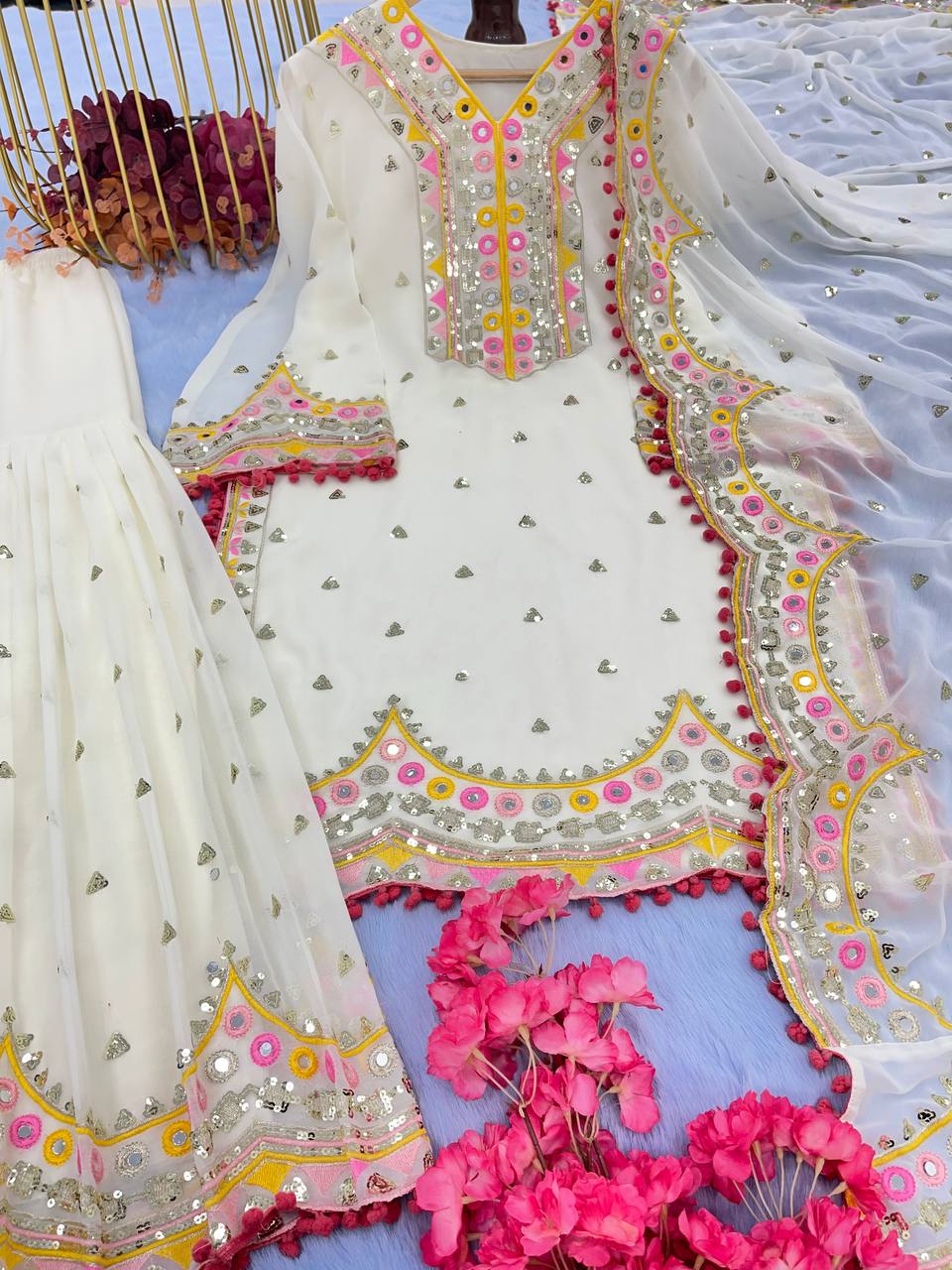 White Designer Party Wear Top, Plazzo & Dupatta Set