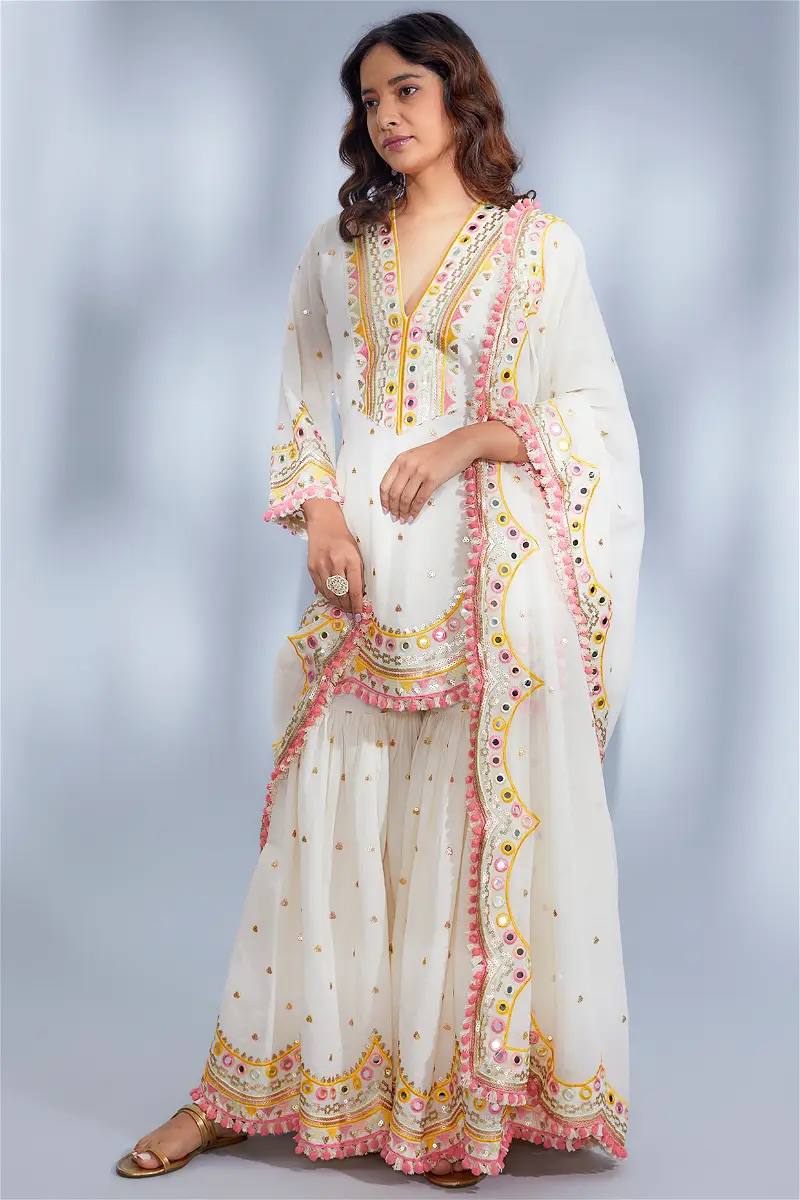 White Designer Party Wear Top, Plazzo & Dupatta Set