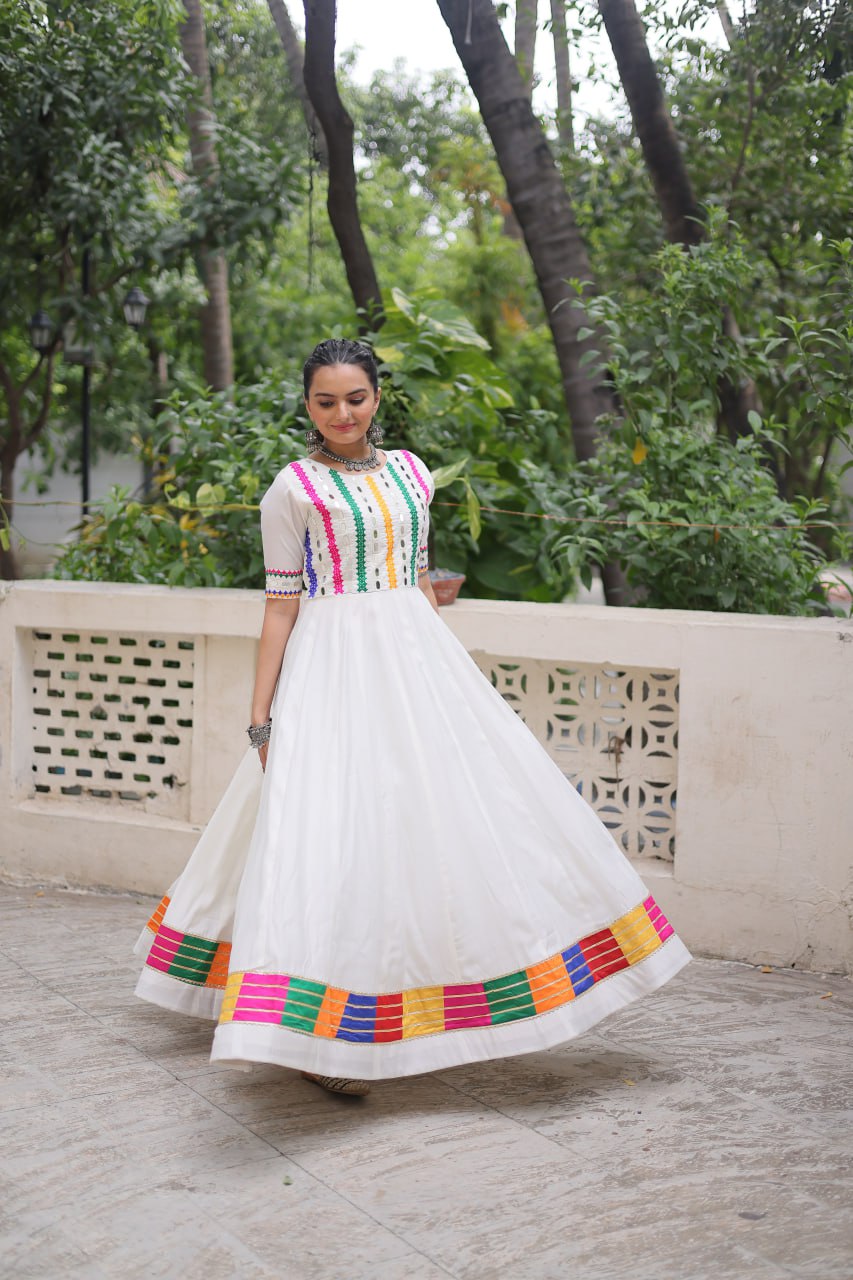 White Designer Roman Fabric Gown with Multicolor Thread & Mirror Work