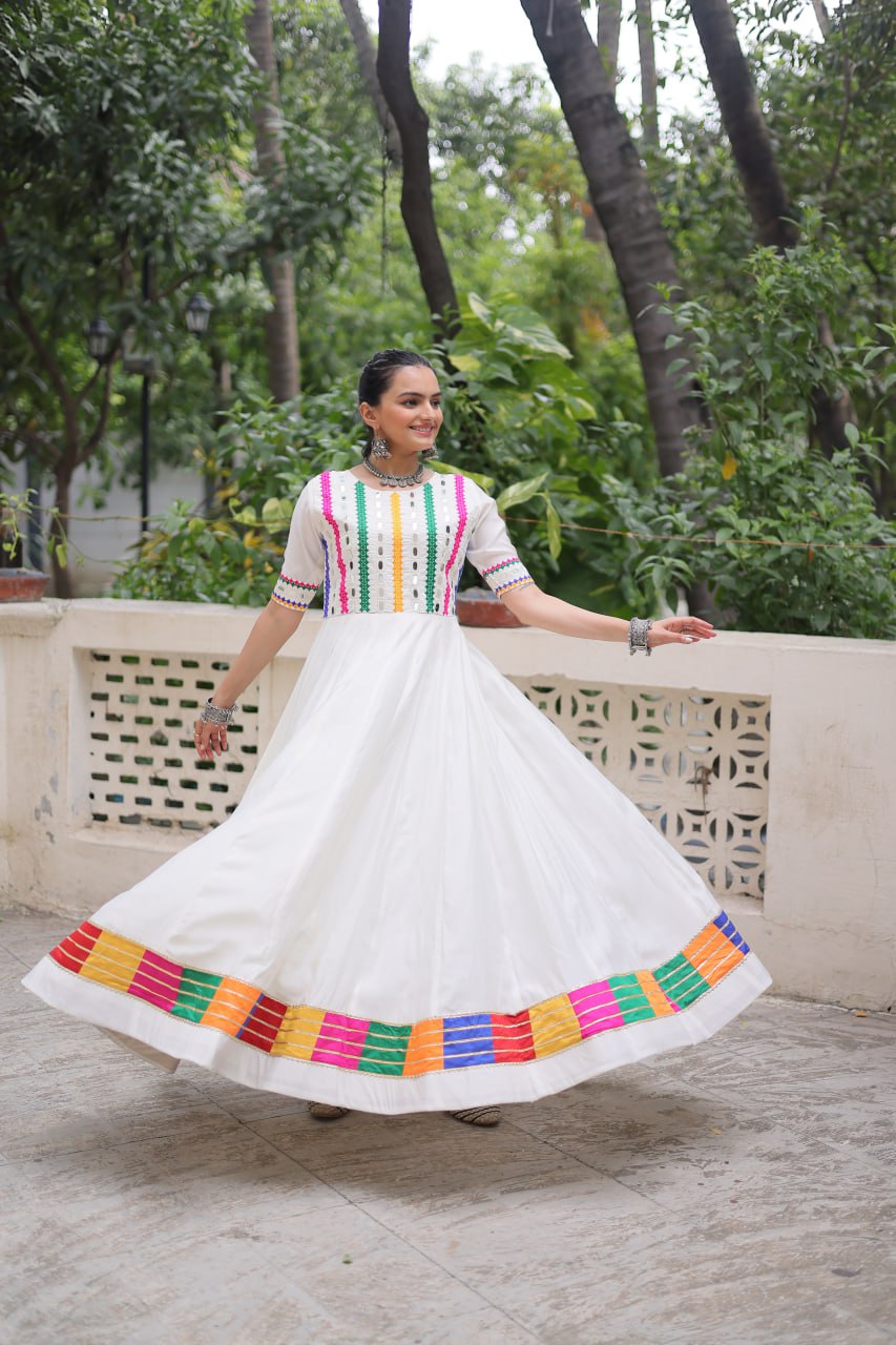 White Designer Roman Fabric Gown with Multicolor Thread & Mirror Work