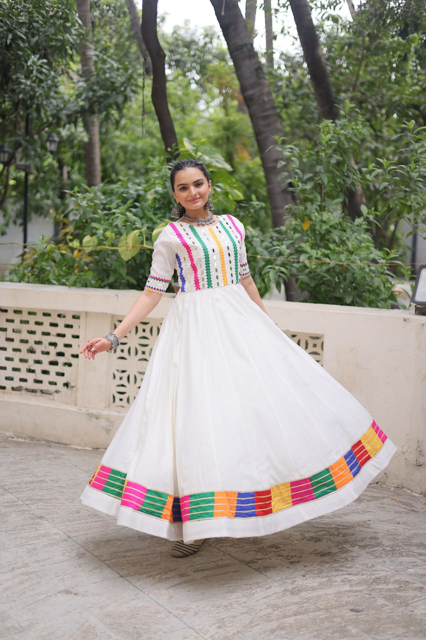 White Designer Roman Fabric Gown with Multicolor Thread & Mirror Work