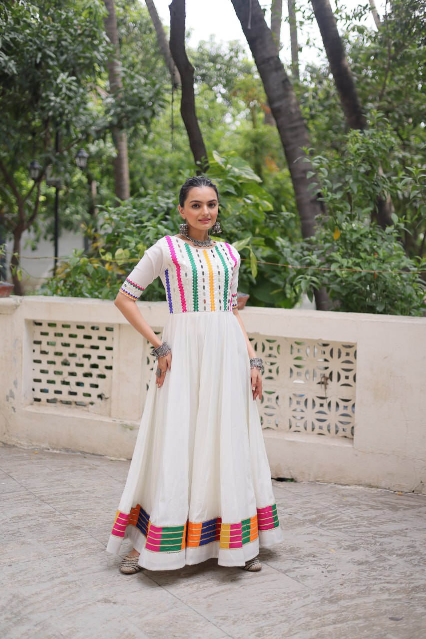 White Designer Roman Fabric Gown with Multicolor Thread & Mirror Work