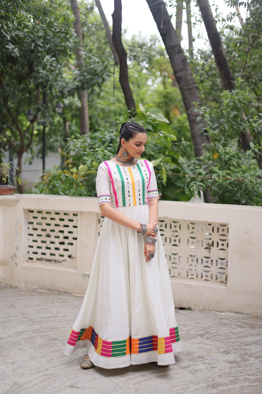 White Designer Roman Fabric Gown with Multicolor Thread & Mirror Work