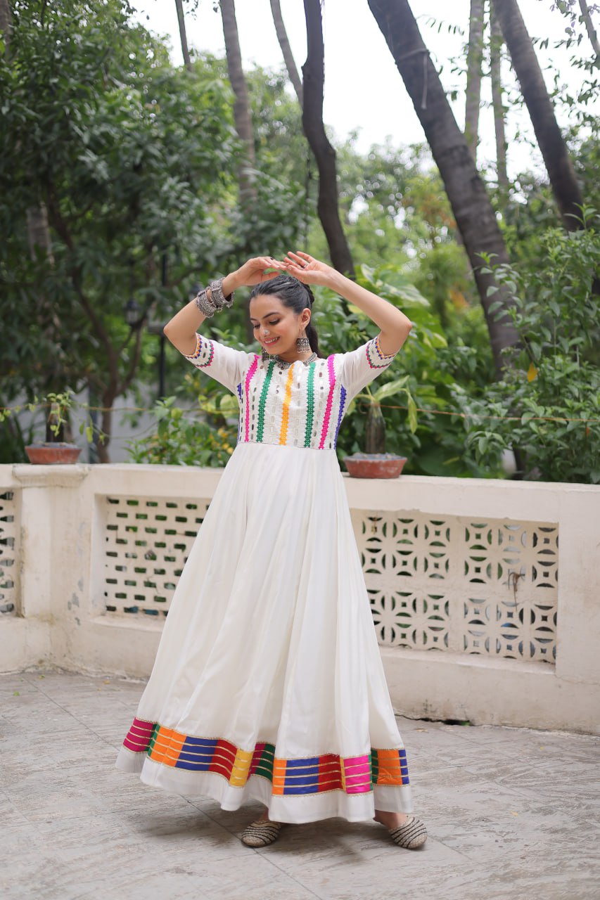 White Designer Roman Fabric Gown with Multicolor Thread & Mirror Work