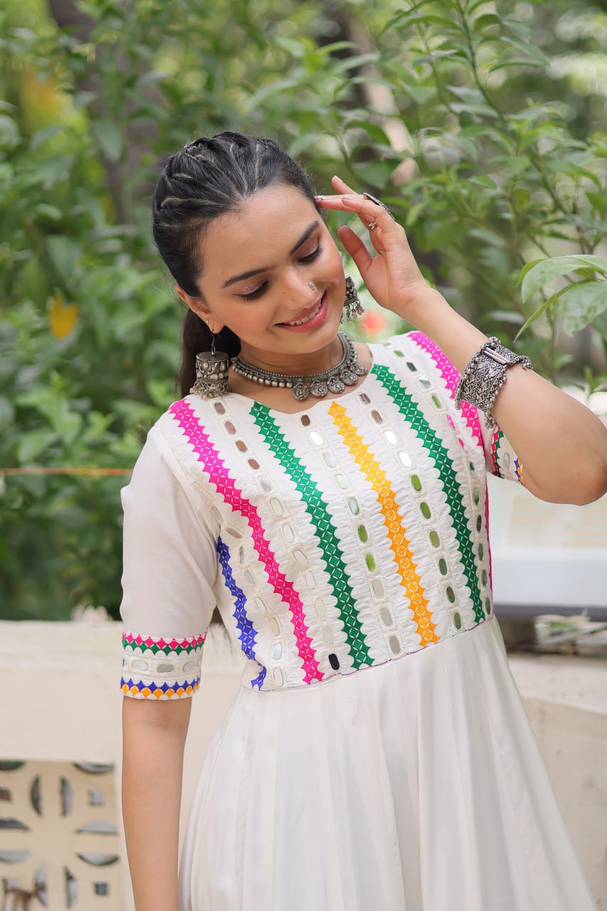 White Designer Roman Fabric Gown with Multicolor Thread & Mirror Work