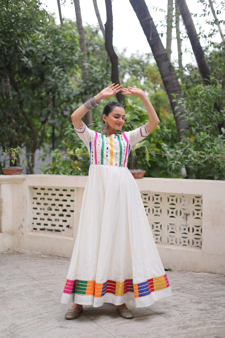 White Designer Roman Fabric Gown with Multicolor Thread & Mirror Work