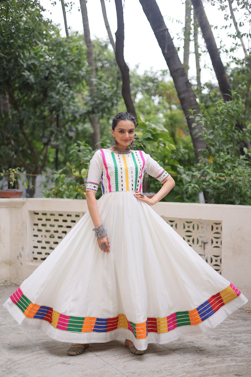 White Designer Roman Fabric Gown with Multicolor Thread & Mirror Work