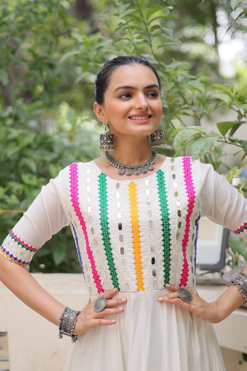 White Designer Roman Fabric Gown with Multicolor Thread & Mirror Work