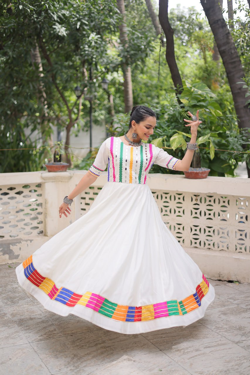 White Designer Roman Fabric Gown with Multicolor Thread & Mirror Work