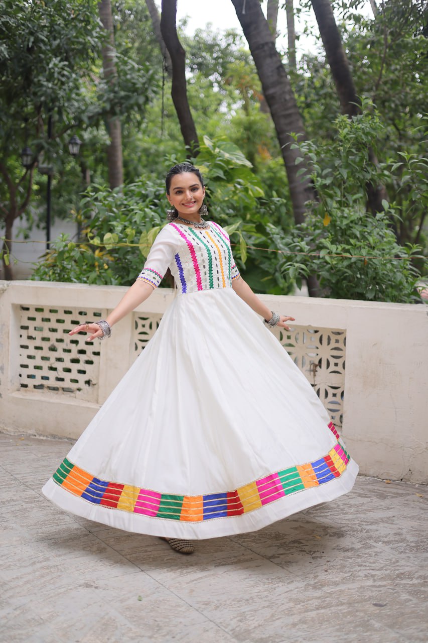White Designer Roman Fabric Gown with Multicolor Thread & Mirror Work