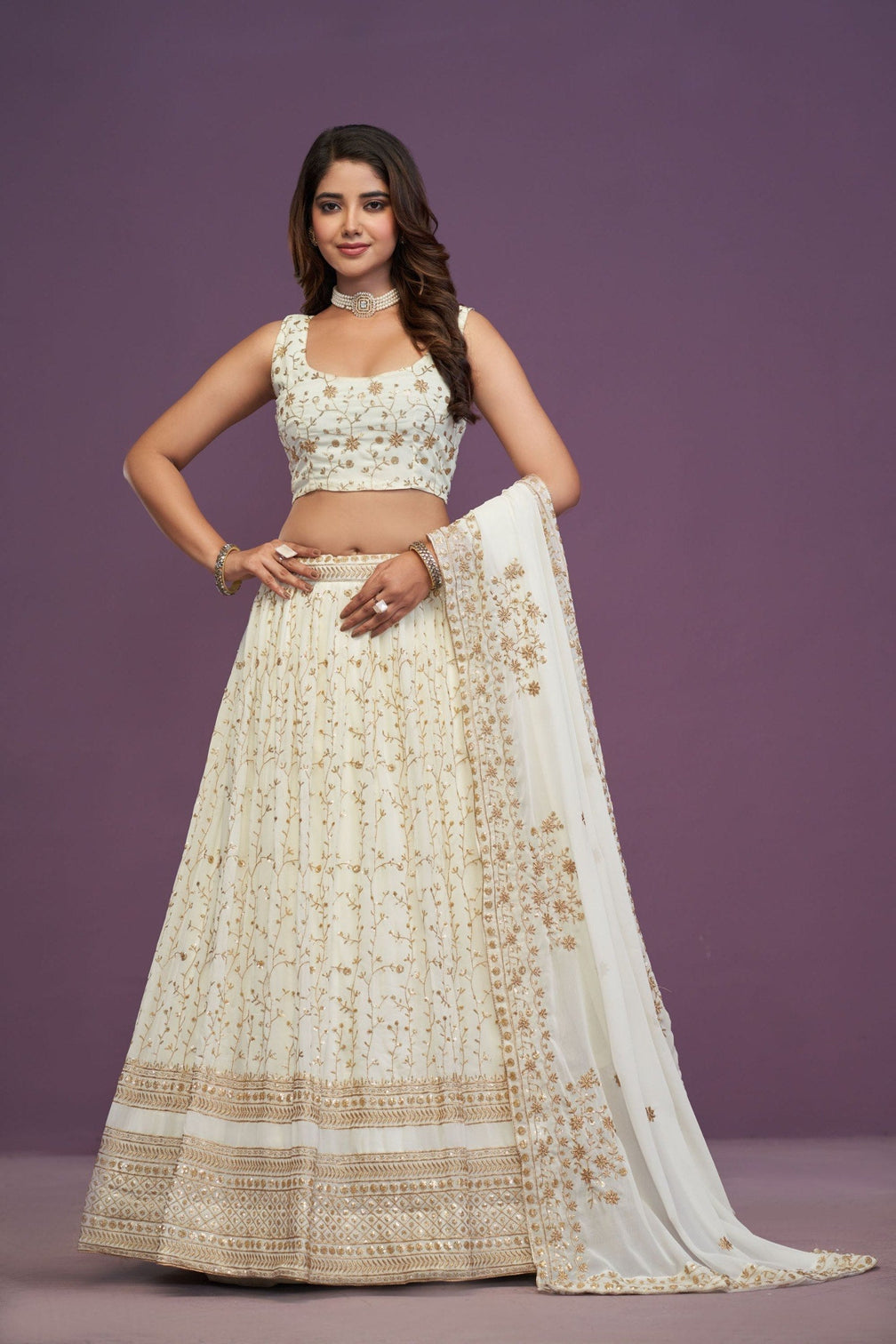 White Designer Sequins Work Lehenga