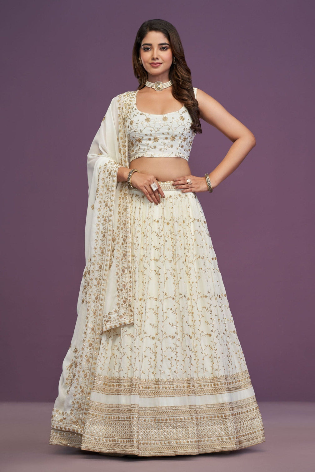White Designer Sequins Work Lehenga