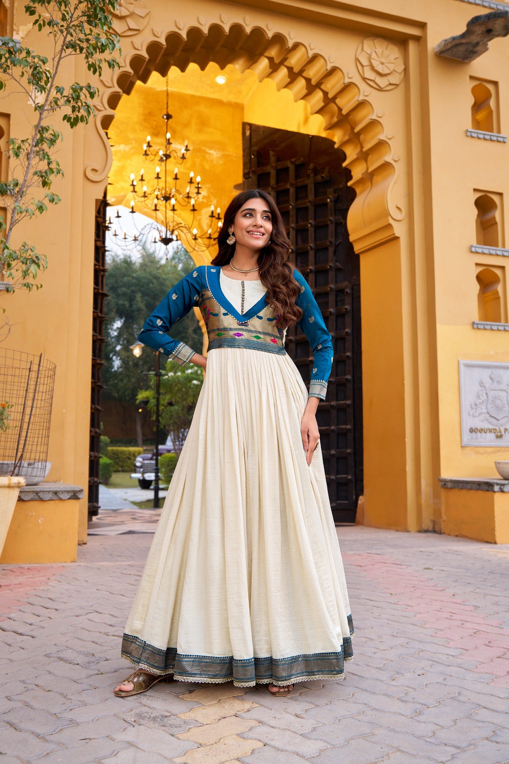 White Designer Zari Work Full Gown