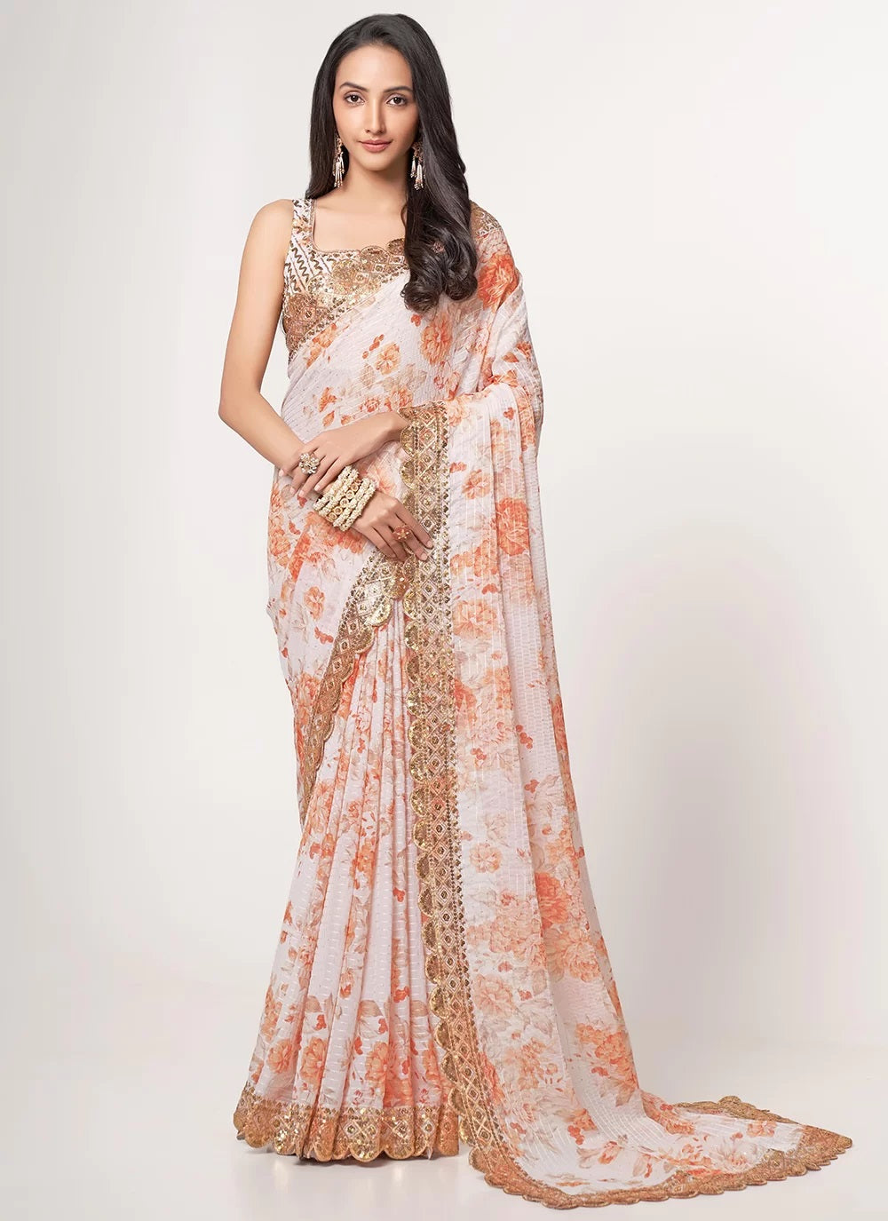 White digital printed organza contemporary saree