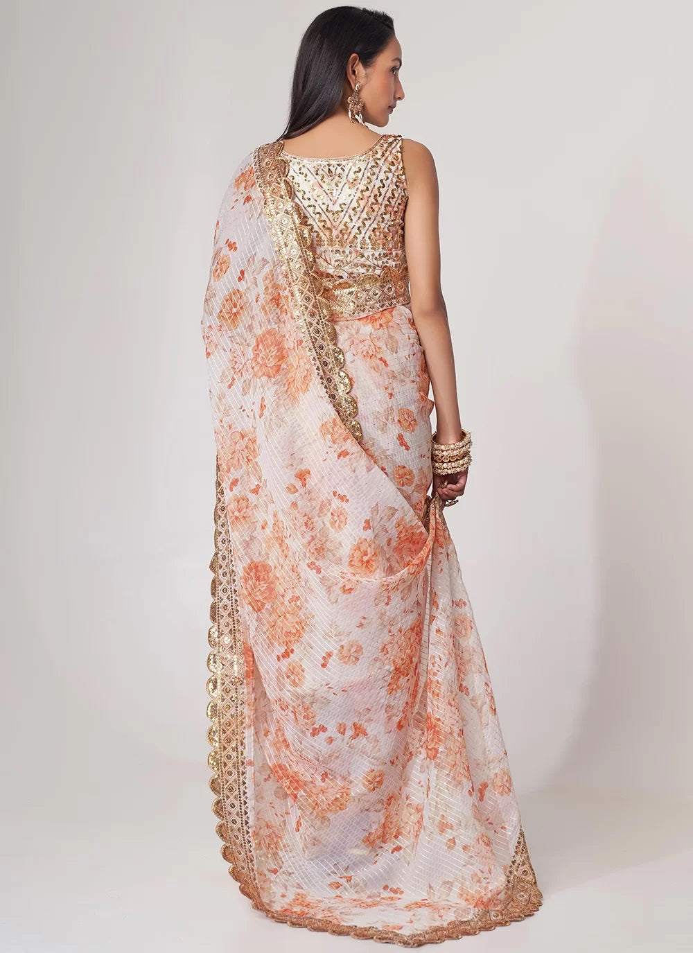White digital printed organza contemporary saree